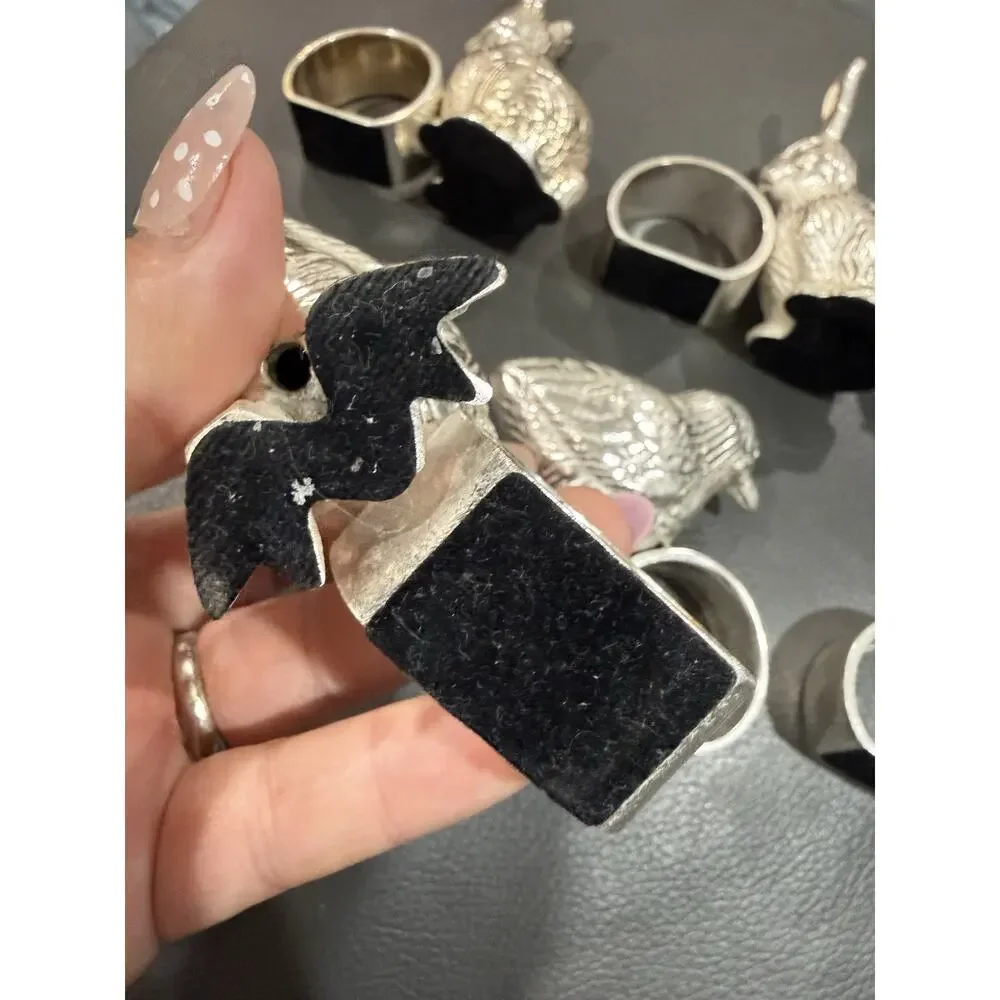 Vintage 3 Rabbit + 3 Chicks Napkin Rings Silver Metallic Lot of 6